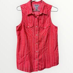 Wrangler Red & White Pearl Snap Sleeveless Shirt Size Medium